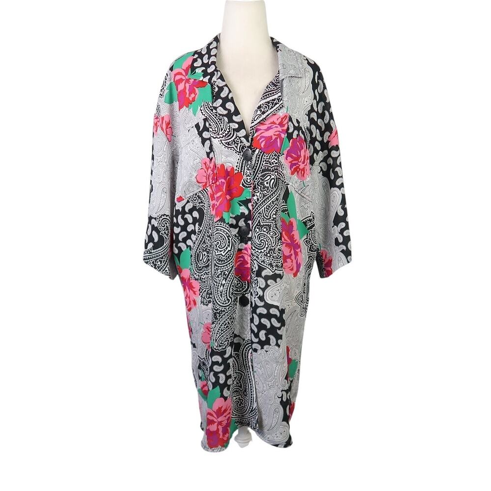 Vintage 80s KH II White Black Pink Funky Floral Print Tunic Top 12